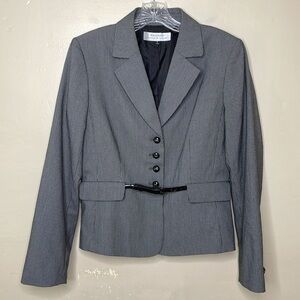 TAHARI Blazer Blue & White Belted Fitted Single Breasted Corporate Wear 6